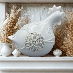 White Ceramic Chicken Figurine Farmhouse Decor Embossed‎ Floral Accents